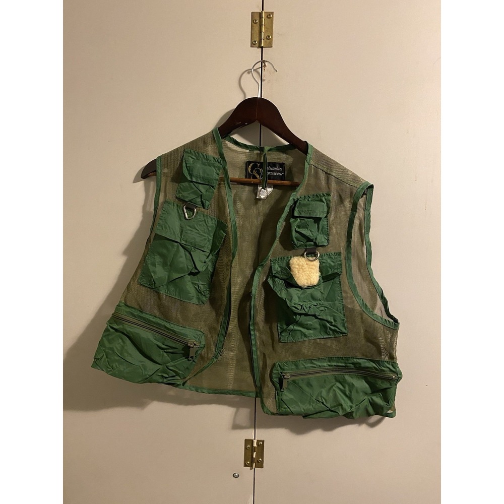 VTG 70s Columbia Sportswear Fishing Vest Mens M Green Mesh Multi Pocket Fly 1970